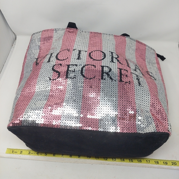 Victoria's Secret Sequined Weekender Tote Bag Pink Silver Striped Spell Out Y2K - Picture 6 of 12